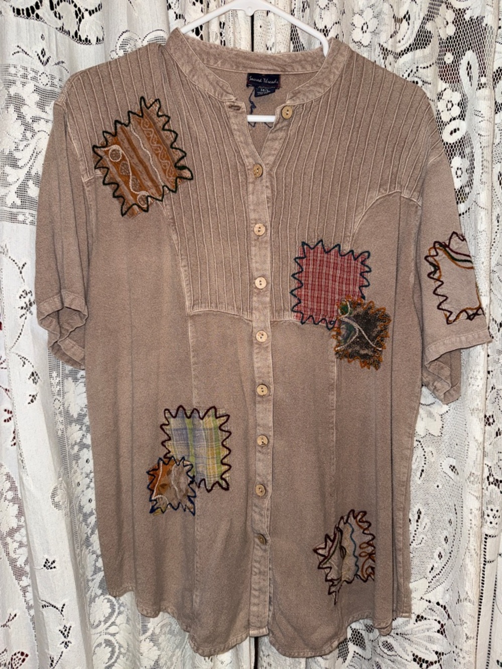 Sacred Threads Tan Patchwork Button-Up Blouse